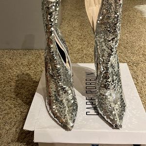 Silver sequin high heel boot